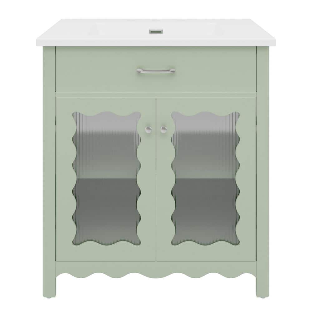 31 in. Single Sink Freestanding Green Bath Vanity with White Ceramic Top