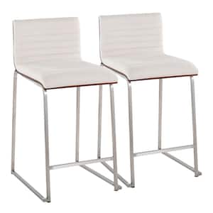Mason Mara 34 in. Cream Fabric and Stainless Steel Metal Counter Height Bar Stool with Walnut Wood Seat Back (Set of 2)
