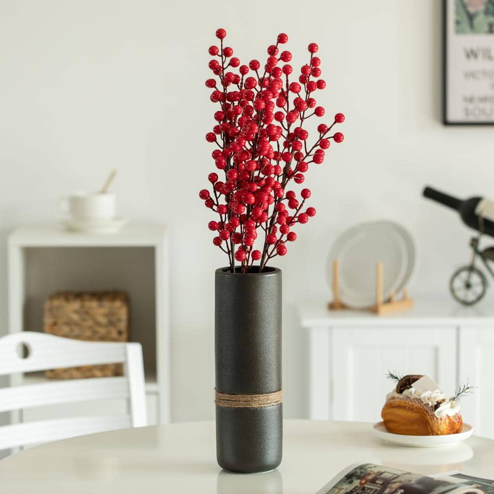 Elegant Cylinder Ceramic Table Vase in Black with Decorative Rope