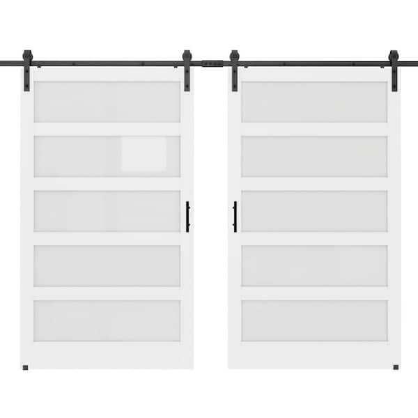 ARK DESIGN 96 in. x 84 in. 5-Lite Tempered Frosted Glass White Primed MDF Wood Sliding Barn Door with Hardware Kit
