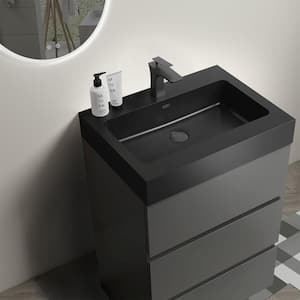 24.0 in. W x 18.1 in. D x 37 in. H Modern Freestanding Bathroom Vanity with 3 Drawers and Black Quartz Sand Sink in Gray