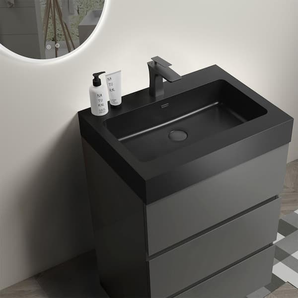 FUNKOL 24.0 in. W x 18.1 in. D x 37 in. H Modern Freestanding Bathroom Vanity with 3 Drawers and Black Quartz Sand Sink in Gray