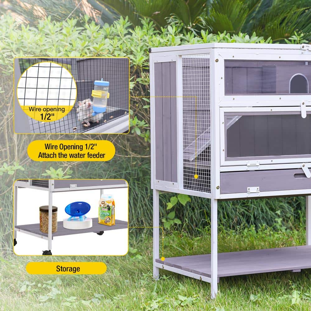 Light Gray Wooden Frame Hamster and Rat Cage with Wheels