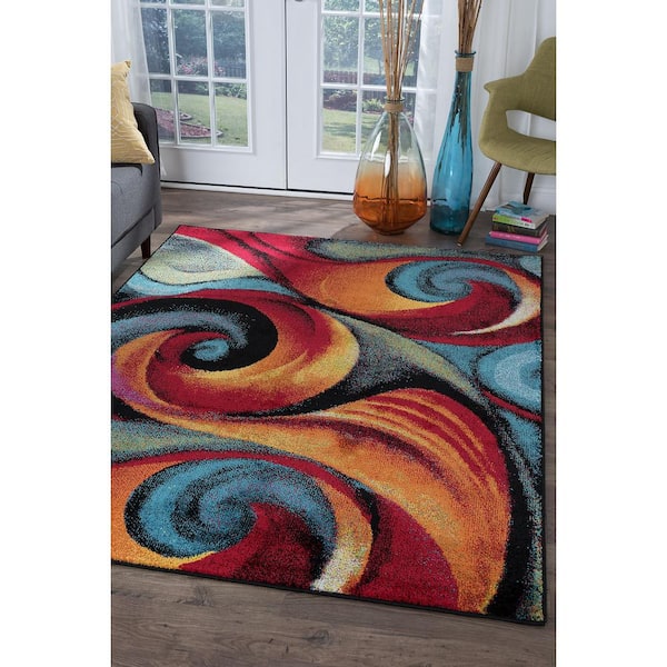 Art Deco Industrial Rug Multi-Color Flowing Swirls Abstract Carpet