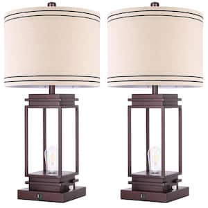 28 in. Brown Table Lamp Set ((Set of 2)) Dimmable Farmhouse Table Lamps with Shape and USB Ports