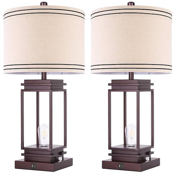 Myfoi 28 in. Brown Table Lamp Set ((Set of 2)) Dimmable Farmhouse Table Lamps with Shape and USB Ports