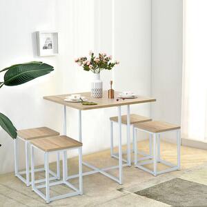5-Piece Nature Wood Top Dining Set Compact Dining Table and 4-Stools Metal Frame
