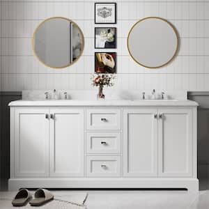 72.6 in. W x 22.4 in. D x 40.7 in. H Freestanding Bathroom Vanity in White with White Engineered Stone Top