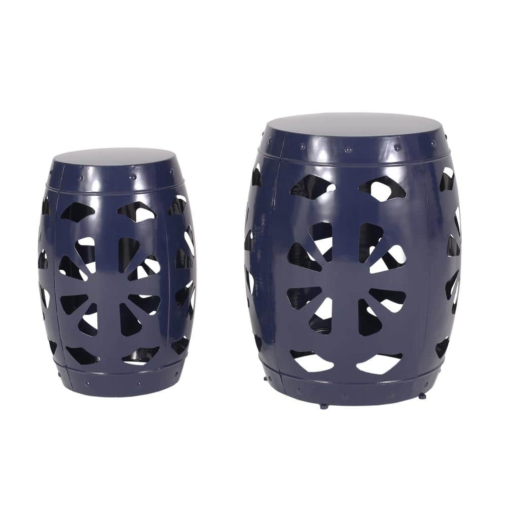 Noble House Burke Haven Navy Blue Barrel Metal Outdoor Side Tables (Set