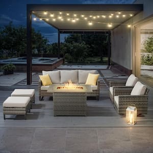 U-Weave 6-Piece Gray Wicker Outdoor Rectangular Fire Pit Conversation Set with Beige Cushions and Swivel Rocking Chairs