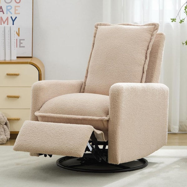 Oatmeal Boucle 360° Swivel Metal Base Recliner Chair with High Backrest, Glider Rocker, Rocking Chair Nursery