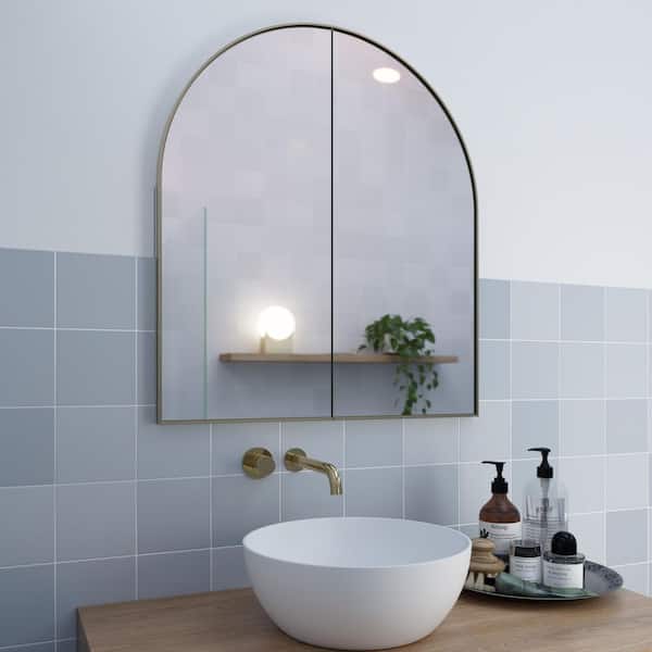 Aria 30 in. x 34 in. x 5 in. D Satin Brass Recessed Medicine Cabinet with Mirror