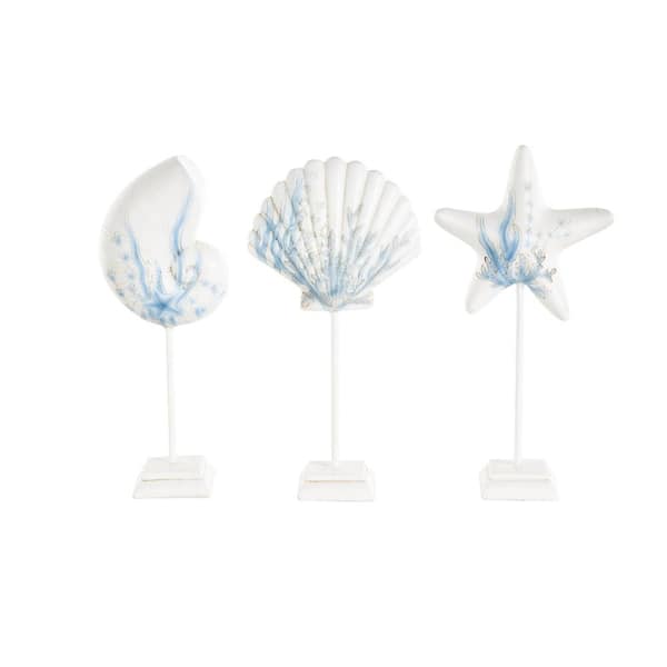 Litton Lane White Poly Stone Shell and Starfish Sea Life Sculpture with Blue Coral Patterns (Set of 3)