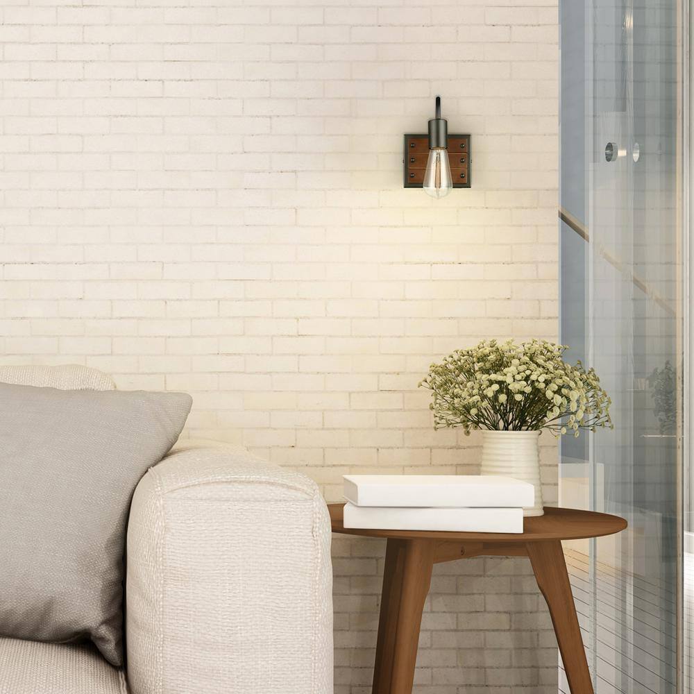 Matte Black Industrial Wall Sconce with Faux Wood Accent