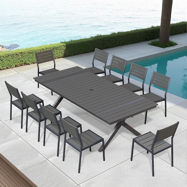 Black 11-Piece 94 in. Aluminum Wood-Like Rectangular Patio Outdoor Dining Set with Stackable Chairs and Umbrella Hole