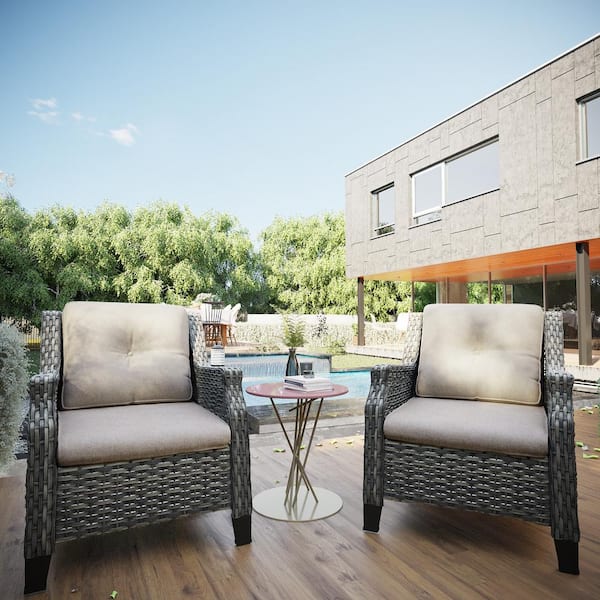 2-Piece Wicker Patio Outdoor Lounge Chair with Beige Cushions