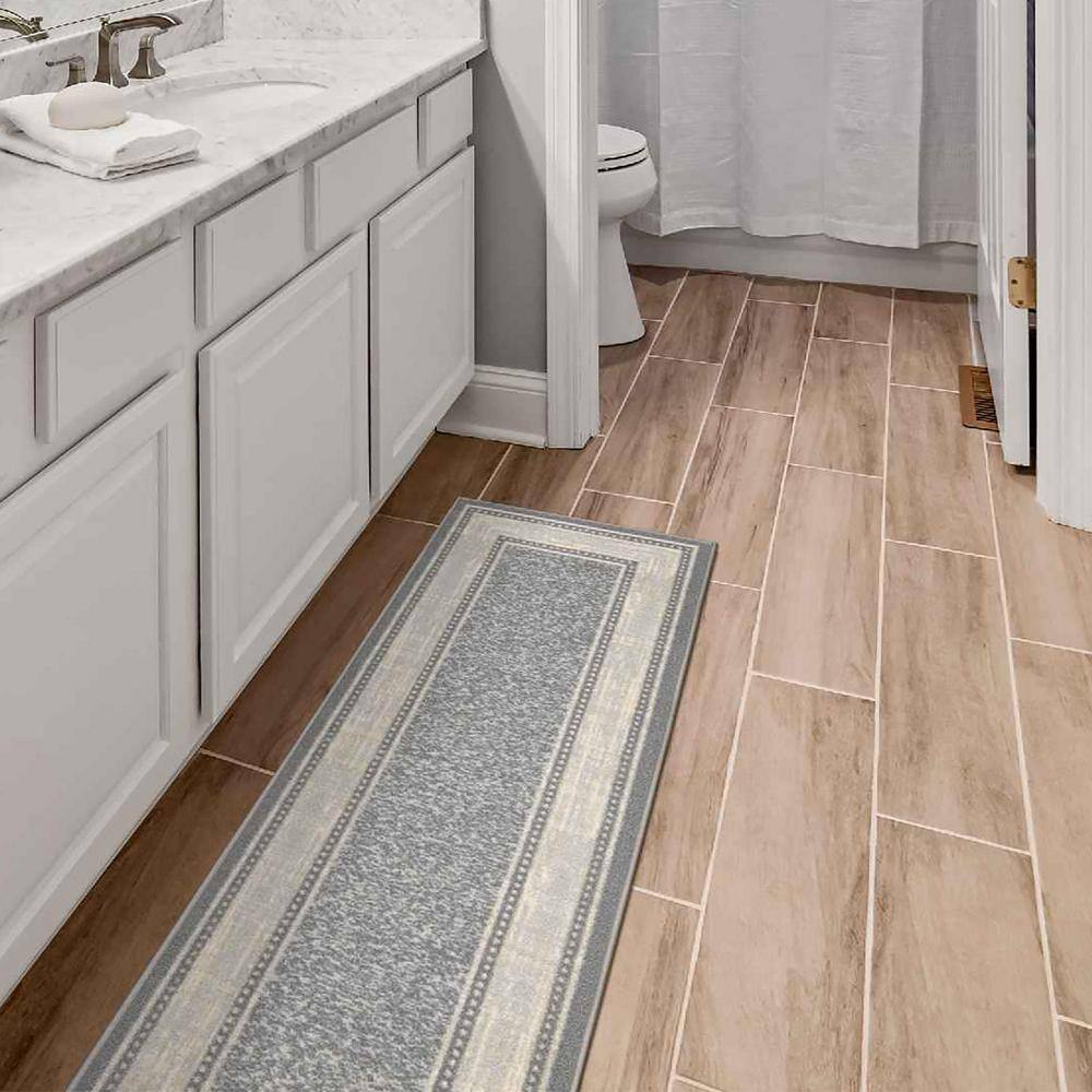 Light Gray Bordered Non-Slip Synthetic Runner Rug, 1'10" x 7'