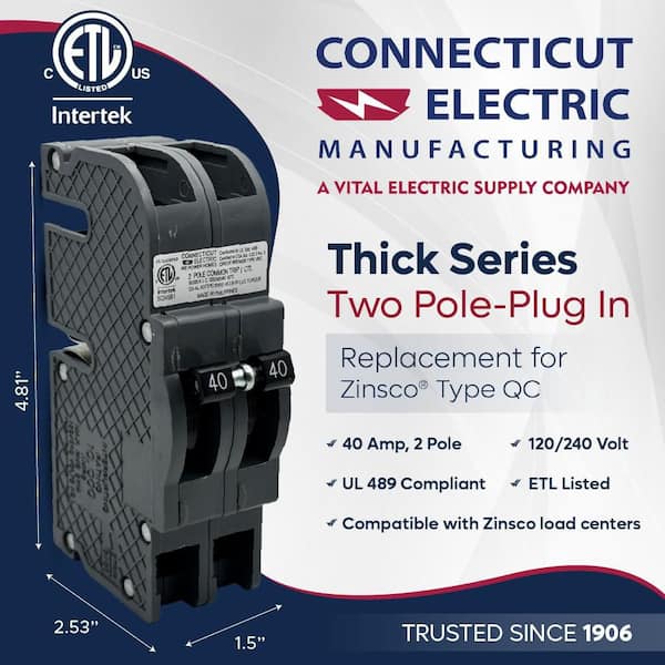 Zinsco New UBIZ Thick 40 Amp 1-1/2 in. 2-Pole Zinsco Type QC40