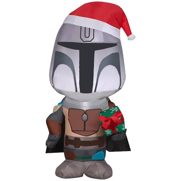 Unbranded 3.5  ft. Tall  X 1.5 ft. Wide Christmas Inflatable Airblown-Mandalorian with Santa Hat and Present-SM-Star Wars