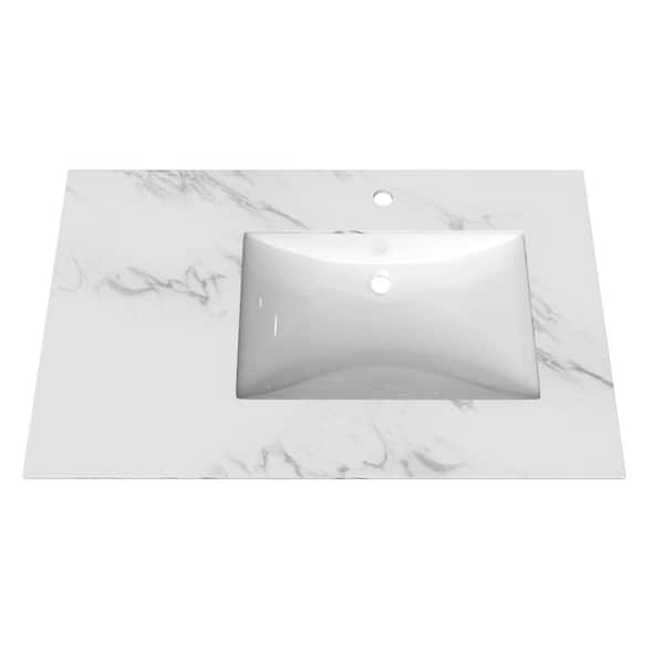 castellousa Monica 36 in. W x 22 in. D Porcelain Vanity Top in Faux White Marble with Right Basin