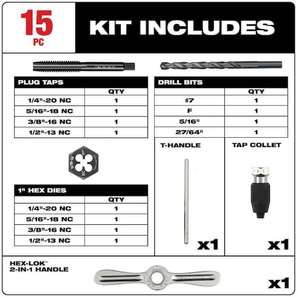 Milwaukee SAE Tap and Die Set w/Hex-LOK 2-in-1 Handle (15-Piece