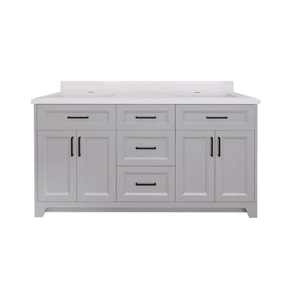 Zeus & Ruta 60 in. W x 21.5 in. D x 33.5 in. H Double Sink Bath Vanity in Gray with White Marble Top and 3-Dovetail Drawers