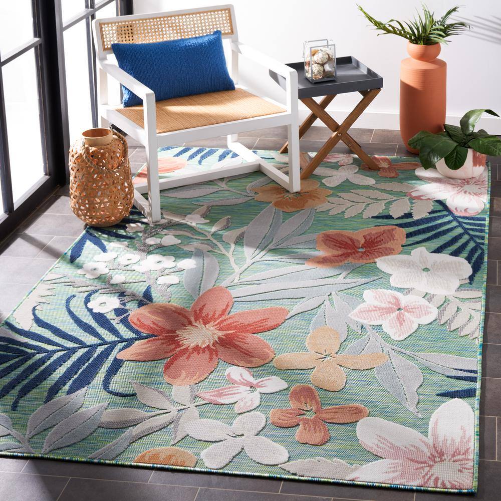 Green and Rust Floral Synthetic Round Washable Area Rug