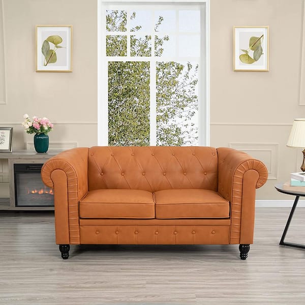 HOMESTOCK 66.53 in. Caramel Faux Leather 2-Seater Loveseat