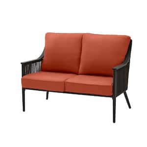 Bayhurst Black Wicker Outdoor Patio Loveseat with CushionGuard Quarry Red Cushions