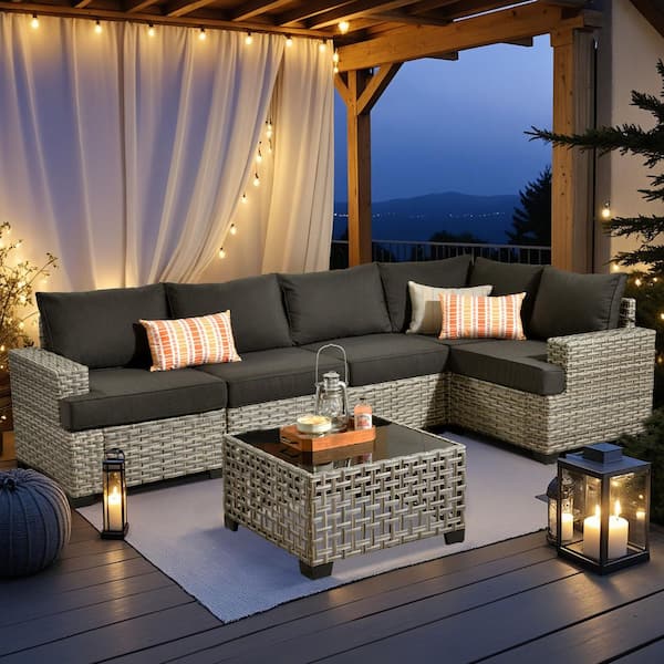 Tiberty Gray 6-Piece Wicker Patio Conversation Seating Set with Black Cushions