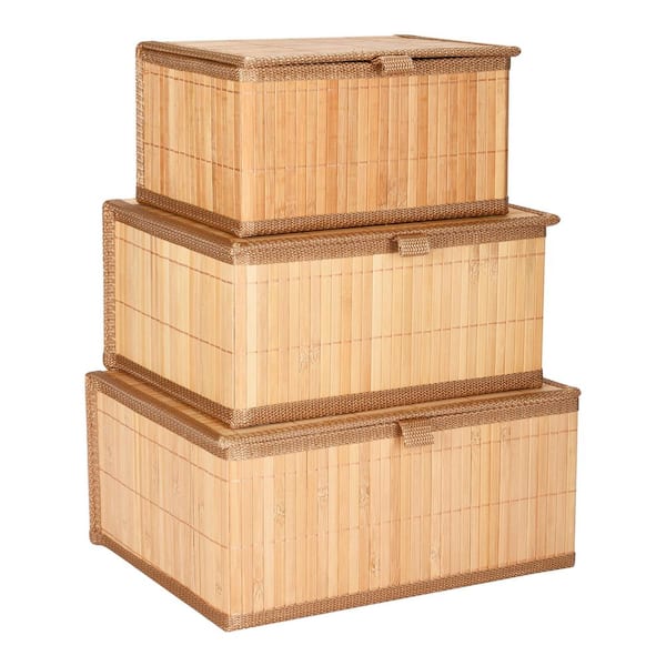 Unbranded Set of 3 Bamboo Storage Baskets with Lids-Stackable Rectangular Organizer for Home, Office
