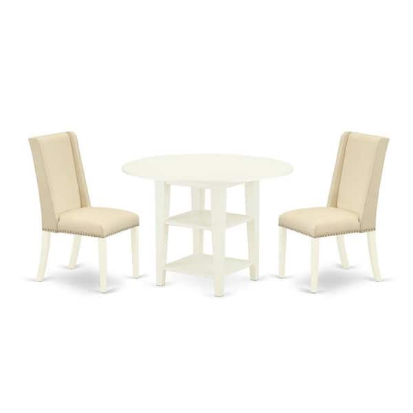 East West Furniture 3-Piece Linen White Finish Round Solid Wood Top Dining Table Set