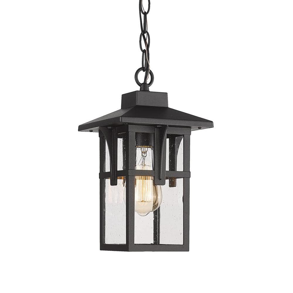 JAZAVA 1-Light Black Outdoor Pendant Light with Seeded Glass Shade