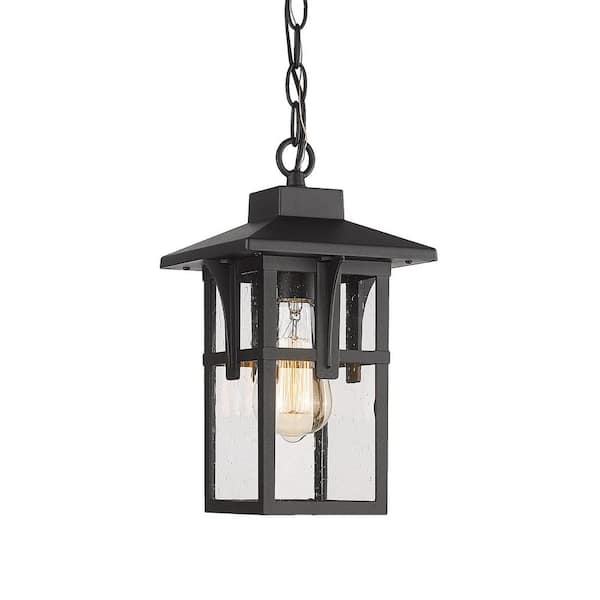 JAZAVA 1-Light Black Outdoor Pendant Light with Seeded Glass Shade