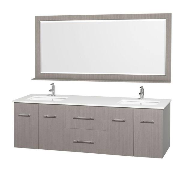 Wyndham Collection Centra 72 in. Double Vanity in Grey Oak with Man-Made Stone Vanity Top in White and Square Porcelain Undermounted Sinks
