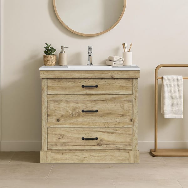 Donovan 36.02 in. W Single Sink Freestanding Light Oak Bath Vanity with White Ceramic Integrated Square Top