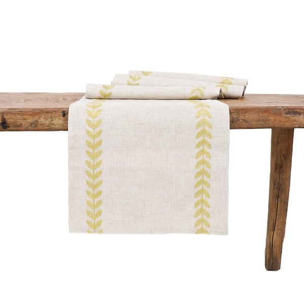 Manor Luxe 15 in. x 108 in. Cute Leaves Crewel Embroidered Table Runner, Gold/Natural