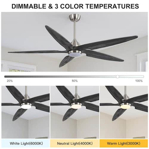 64 in. Nickel and Light Wood Grain Indoor 5-Solid Wood Blades LED Ceiling Fan with Remote and 3-Downrods Ceiling Fans