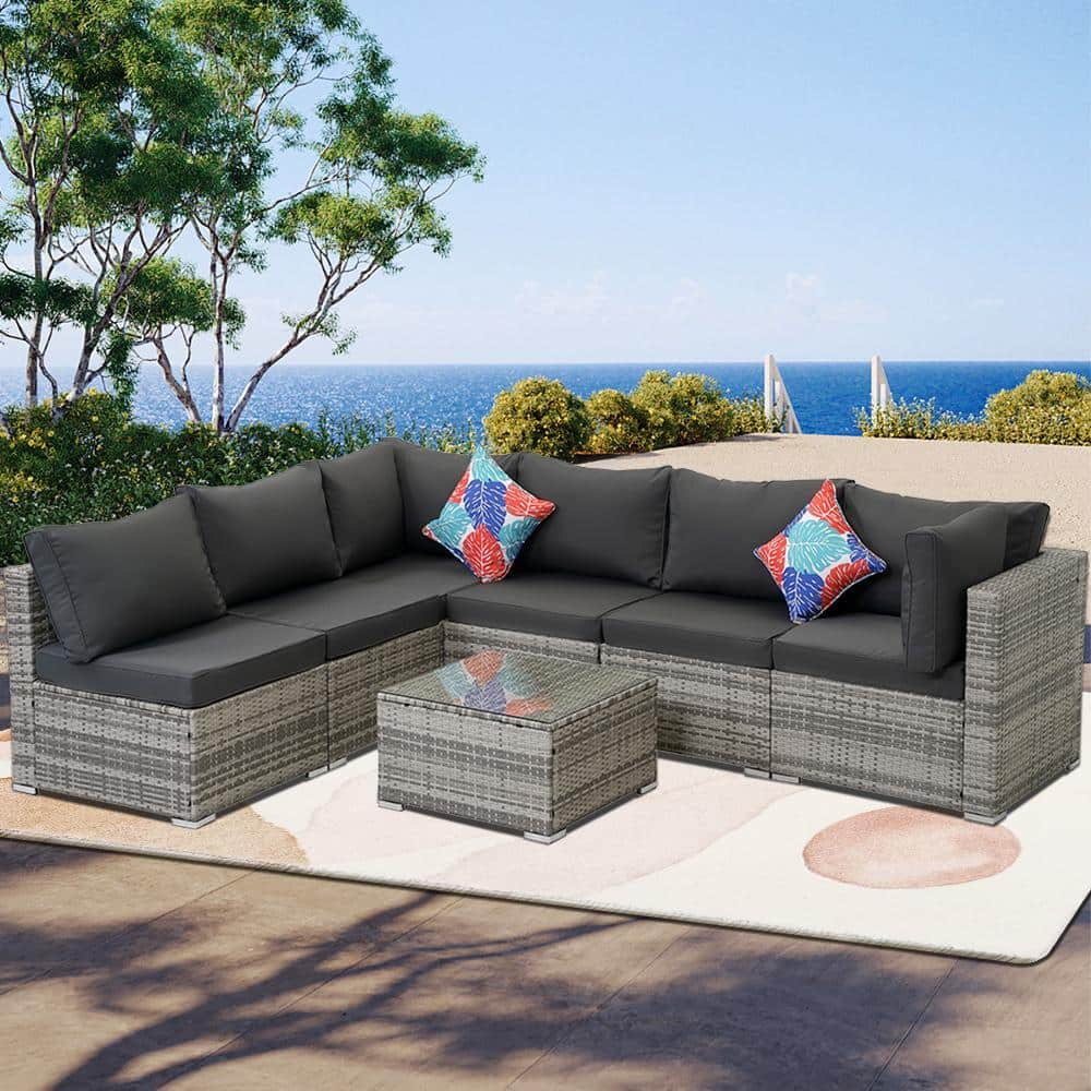 7-Piece Gray Wicker Outdoor Furniture Sectional Sofa with Dark Gray ...