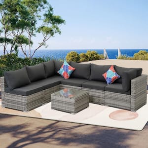 7-Piece Gray Wicker Outdoor Furniture Sectional Sofa with Dark Gray Cushion and Coffee Table