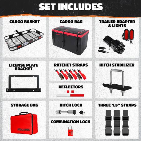Mockins 70 in. x 30 in. x 6 in. 500 lbs Capacity XL Hitch Cargo Carrier w/Rear Lights, 40 CuFt Red Cargo Bag, Locks and Straps