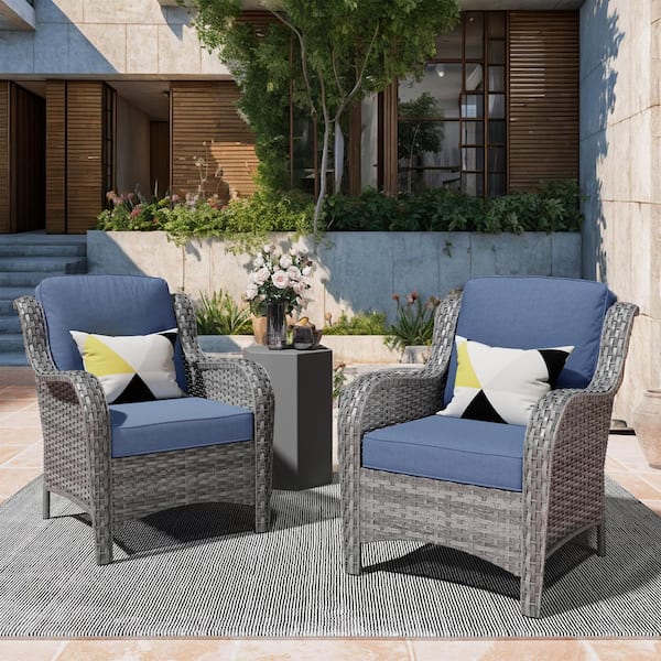 XIZZI Ethereal Gray Wicker Outdoor Patio Stationary Lounge Chair with Denim Blue Cushions