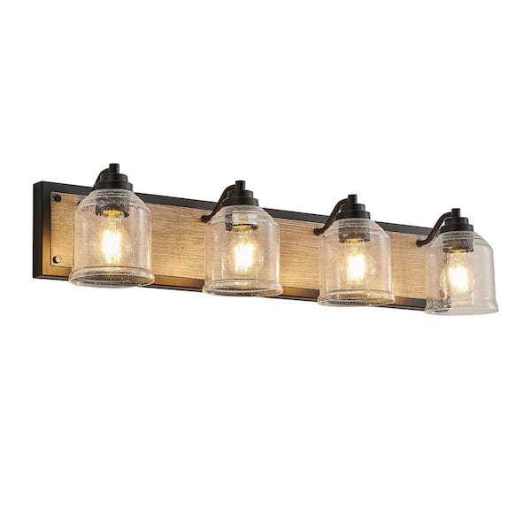 31.5 in. 4-Light Black Farmhouse Vanity Light Fixture Bathroom Wall Sconce with Clear Seeded Glass Shades (No Bulbs)