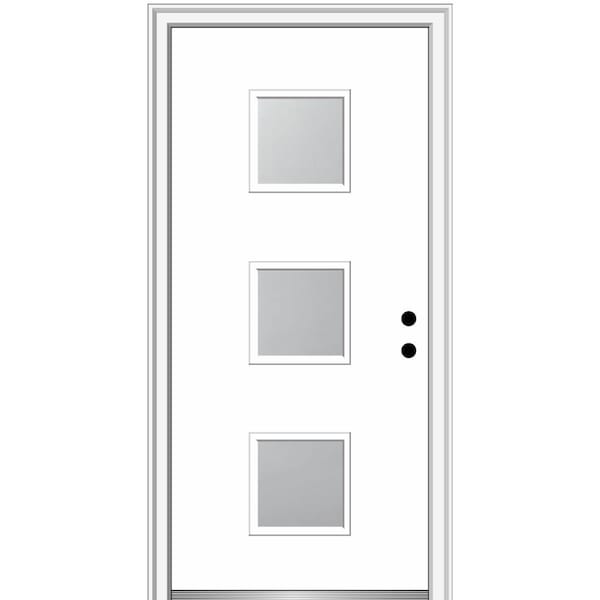 MMI DOOR Aveline 32 in. x 80 in. Left-Hand Inswing 3-Lite Frosted Glass Primed Fiberglass Prehung Front Door on 6-9/16 in. Frame