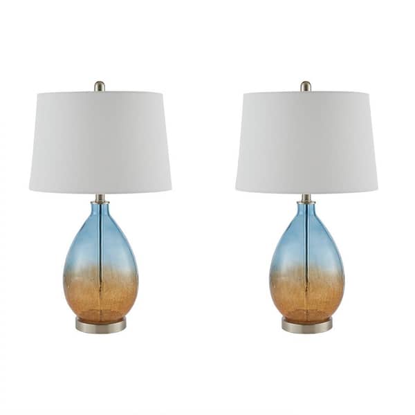 27 in. Blue Glass Table Lamp with Drum Shade