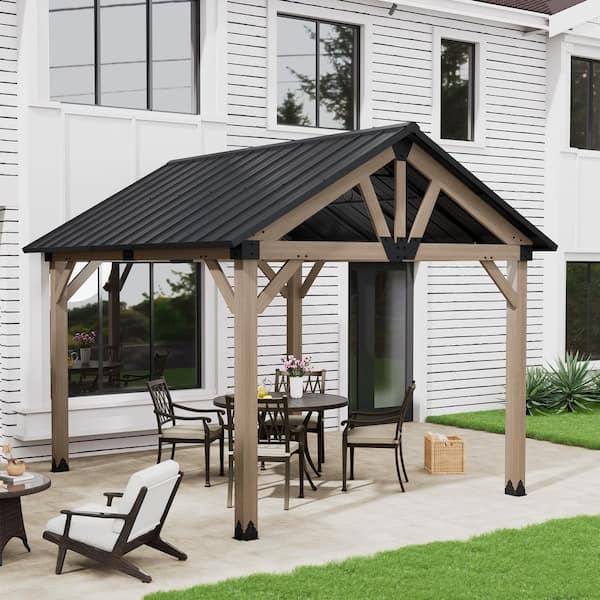 12 ft. x 14 ft. Outdoor Cedar Wood Frame Hardtop Gazebo with Galvanized Steel Gable Roof and Ceiling Hook