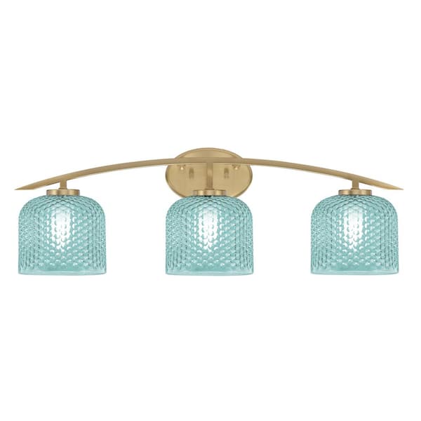 Unbranded Siena 29 in. 3-Light Vanity Light New Age Brass with Turquoise Textured Glass Shades