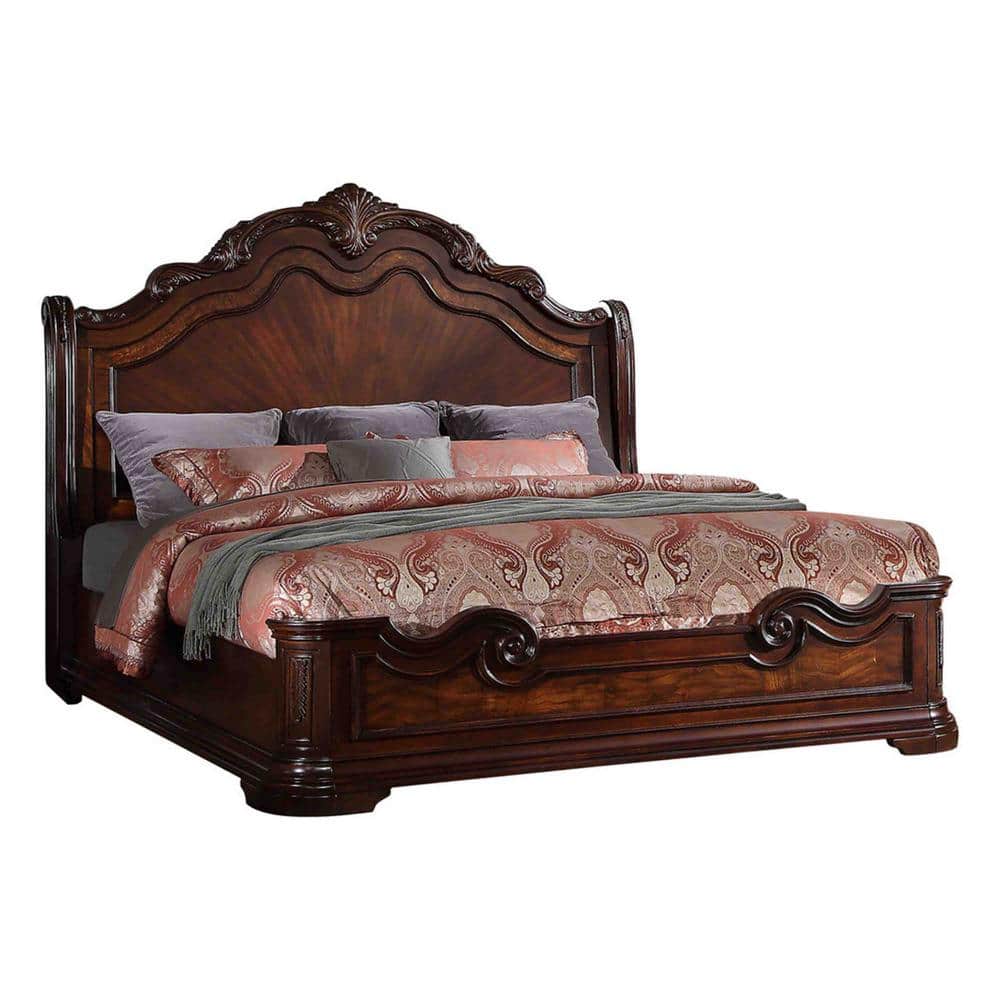 Elegant Walnut Queen Bed with Velvet Headboard and Wood Frame