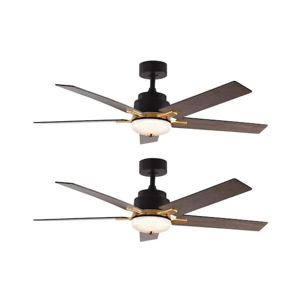 null 52 in. Indoor Black and Wood Modern 5 Blades LED Ceiling Fan with Remote Included(Set of 2)