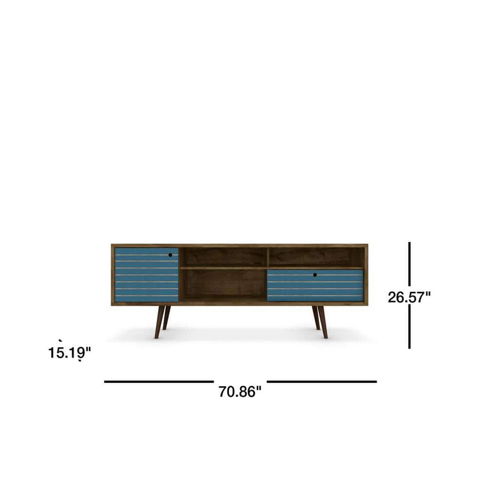 Mid-Century Modern Brown and Blue TV Stand with Cabinet